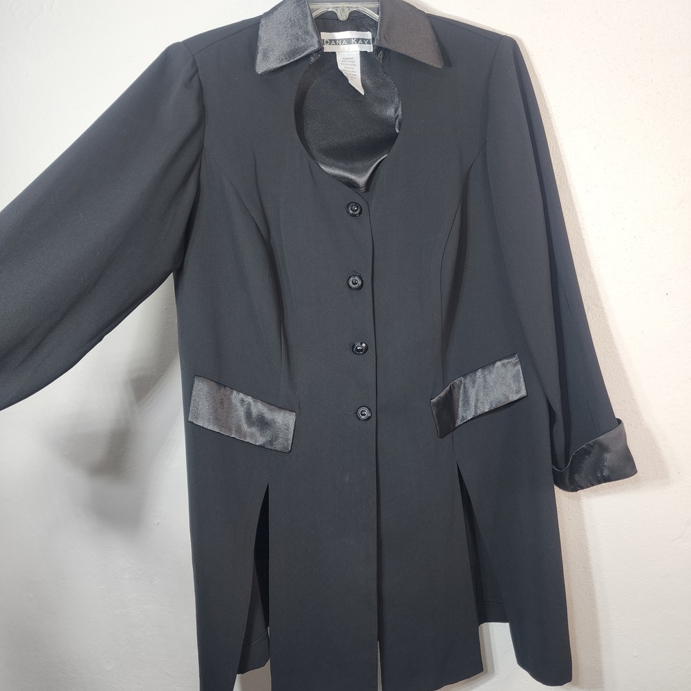 Dana Kay Blazer Jacket 14 Black Vintage Goth Cutout Satin Trim Longline - Picture 7 of 14